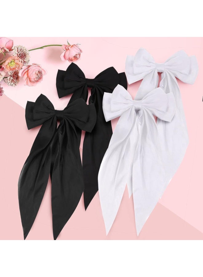 4 PCS Satin Big Large Hair Bows for Women, French Style Hair Ribbons Bowknot Hair Barrettes, Hair Accessories for Women Cute Bun Ponytail Bow Holder(Black,White) - Image 4