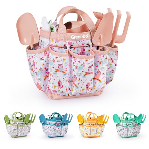 Grenebo Kids Gardening Set Toys Quality Garden Tool Kit for Kids and Toddlers Includes Two Shovels Garden hatRake ApronGloves Watering Can and Tool Bag Pink - Image 1