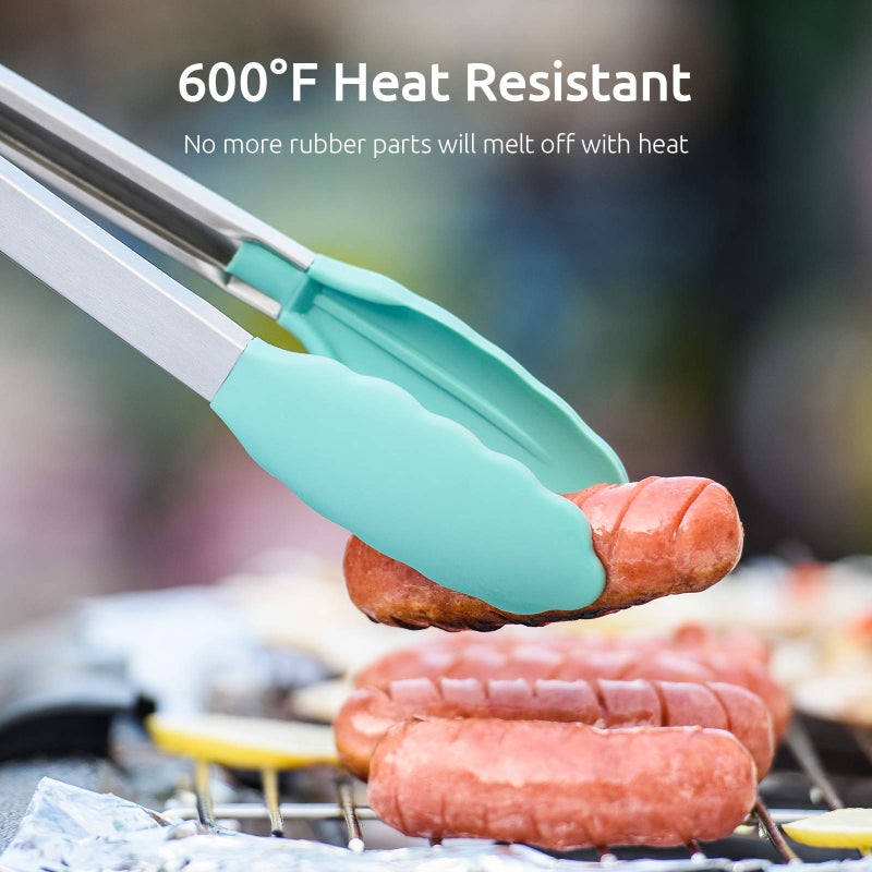 U-Taste Kitchen Tongs, U-Taste 7/9/12 inches Cooking Tongs, with 600ºF High Heat-Resistant Non-Stick Silicone Tips, 18/8 Stainless Steel Handle, for Food Grill, Salad, BBQ, Frying, Serving, Pack of 3(Teal)  - Image 3