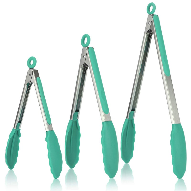 U-Taste Kitchen Tongs, U-Taste 7/9/12 inches Cooking Tongs, with 600ºF High Heat-Resistant Non-Stick Silicone Tips, 18/8 Stainless Steel Handle, for Food Grill, Salad, BBQ, Frying, Serving, Pack of 3(Teal)  - Image 1