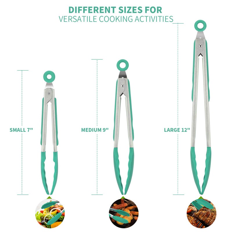U-Taste Kitchen Tongs, U-Taste 7/9/12 inches Cooking Tongs, with 600ºF High Heat-Resistant Non-Stick Silicone Tips, 18/8 Stainless Steel Handle, for Food Grill, Salad, BBQ, Frying, Serving, Pack of 3(Teal)  - Image 2