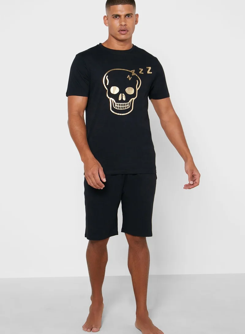 Seventy Five Metallic Skull Shorts Pyjama Set