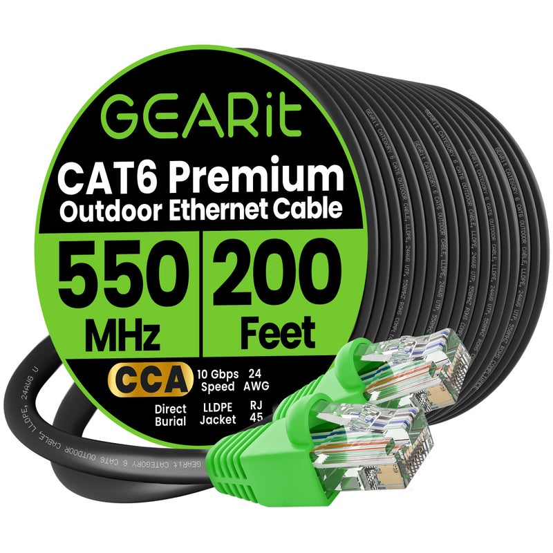 GEARit RJ45 Cat-6 Ethernet Patch Cable, 10Gpbs Transfer Speed, Gold-Plated Connectors, Copper Clad, Outdoor, UV Resistant, Direct Burial, Waterproof, Durable, 200 Foot (60.9 Meters), Black - Image 1