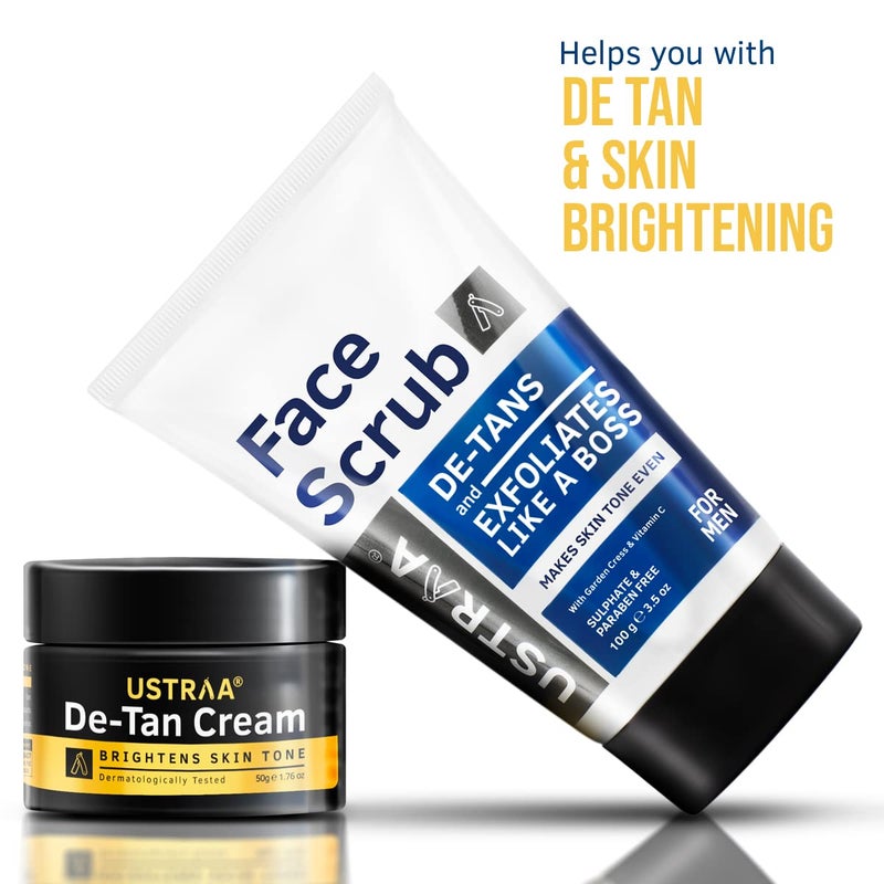 Ustraa مجموعة Ustraa لإزالة تان الوجه كريم إزالة تان 50 جرام مقشر وجه فعال لإزالة تان مع جزيئات الجوز 100 جرام يساعد في إزالة التان وتوحيد لون البشرة لجميع أنواع البشرة خالي من SLS - Image 2