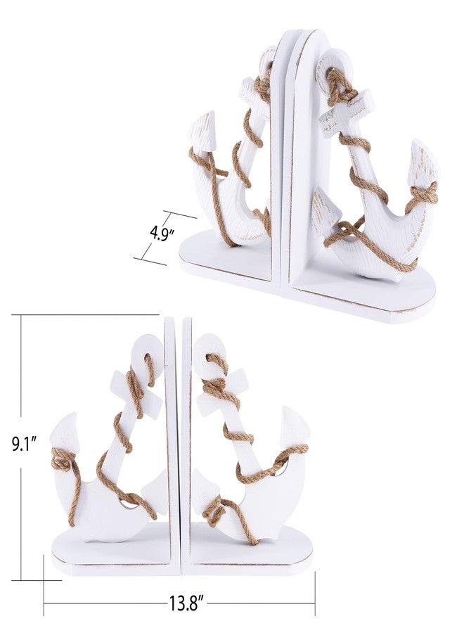 NAUTIMALL Nautical Anchor Bookends with Rope Decor - Vintage White Wood and MDF Decorative Book Holders for Coastal Home Decor Study Room Display - Image 2