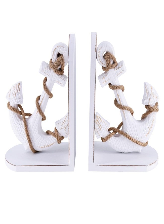 NAUTIMALL Nautical Anchor Bookends with Rope Decor - Vintage White Wood and MDF Decorative Book Holders for Coastal Home Decor Study Room Display - Image 1