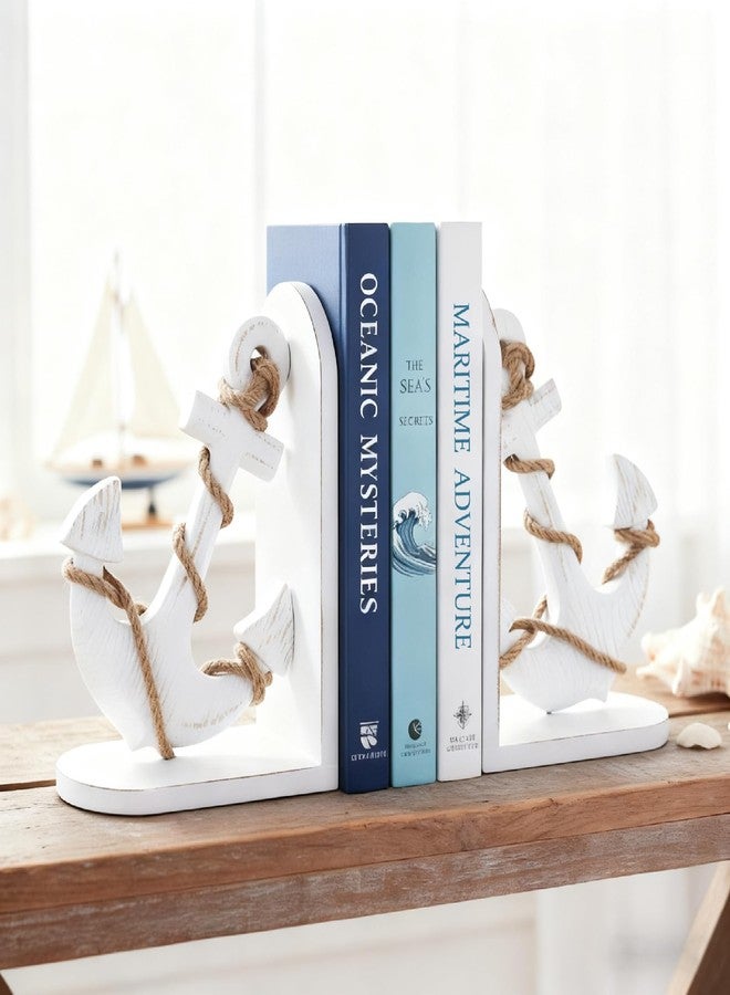 NAUTIMALL Nautical Anchor Bookends with Rope Decor - Vintage White Wood and MDF Decorative Book Holders for Coastal Home Decor Study Room Display - Image 4