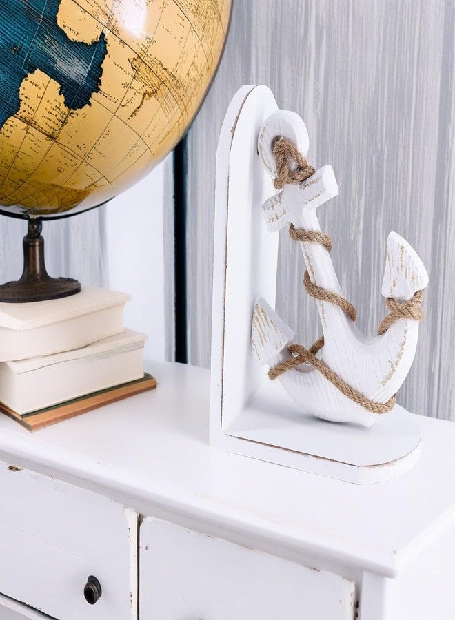 NAUTIMALL Nautical Anchor Bookends with Rope Decor - Vintage White Wood and MDF Decorative Book Holders for Coastal Home Decor Study Room Display - Image 5