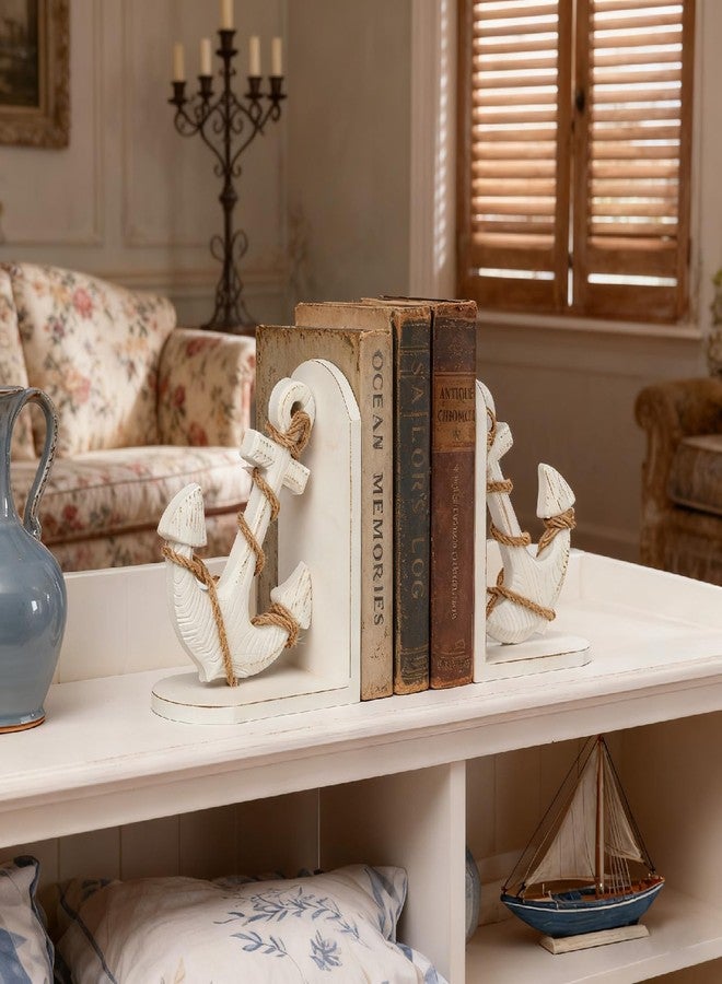 NAUTIMALL Nautical Anchor Bookends with Rope Decor - Vintage White Wood and MDF Decorative Book Holders for Coastal Home Decor Study Room Display - Image 3
