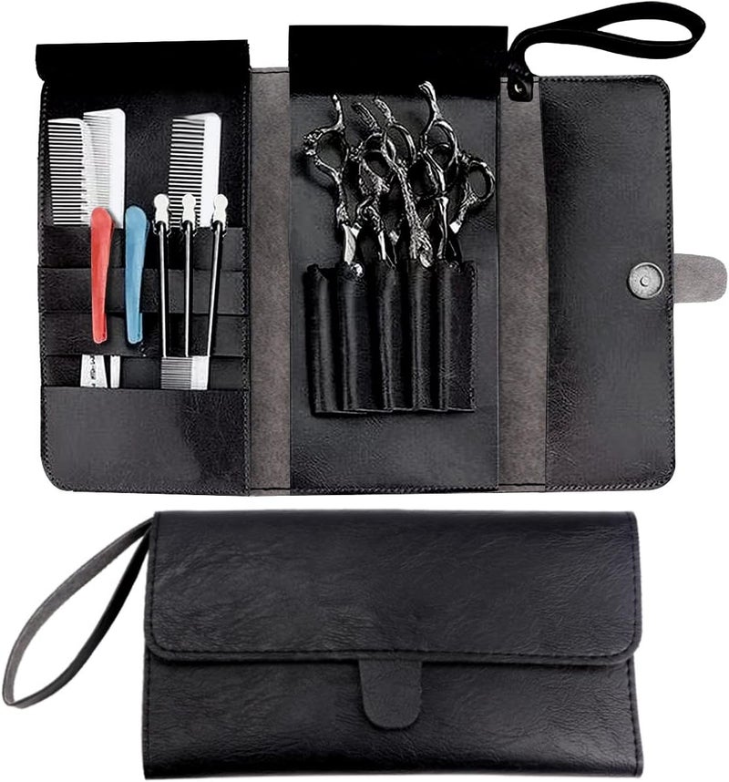 FERCAISH Salon Scissors Storage Bag Black Leather Scissors Holder Pouch Cases  Multifunctional Clutch Bag Barber Salon Scissors Cases Salon Tools Holster Bag for Stylist Barber Hairdressers