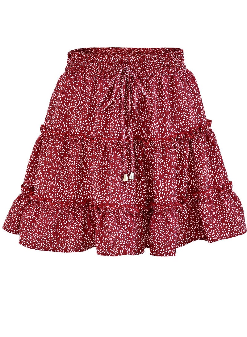 Loquat Women's Summer Boho Dot Patterned Mini Skirt High Waist Drawstring Tiered Skirts Red  - Image 3