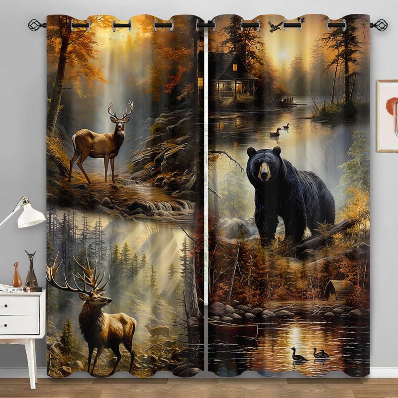 LUVIVIHOME Rustic Cabin Blackout Curtains, Deer Moose Black Bear Curtains for Bedroom, Forest Animal Wildlife Mallard Duck Country Farmhouse Hunting Room Decor Window Curtains 2 Panel Sets, 52x84 Inch - Image 1