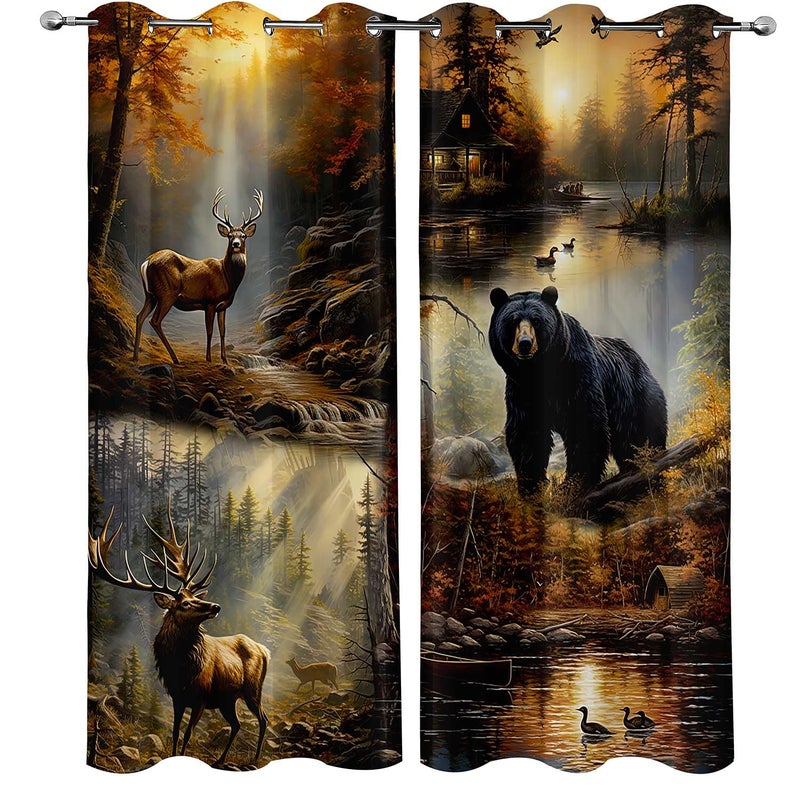 LUVIVIHOME Rustic Cabin Blackout Curtains, Deer Moose Black Bear Curtains for Bedroom, Forest Animal Wildlife Mallard Duck Country Farmhouse Hunting Room Decor Window Curtains 2 Panel Sets, 52x84 Inch - Image 2