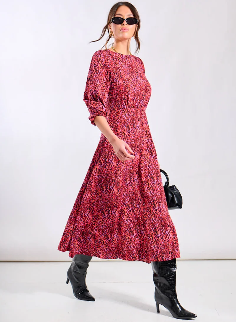 Red Animal 3/4 Sleeve Midi Dress