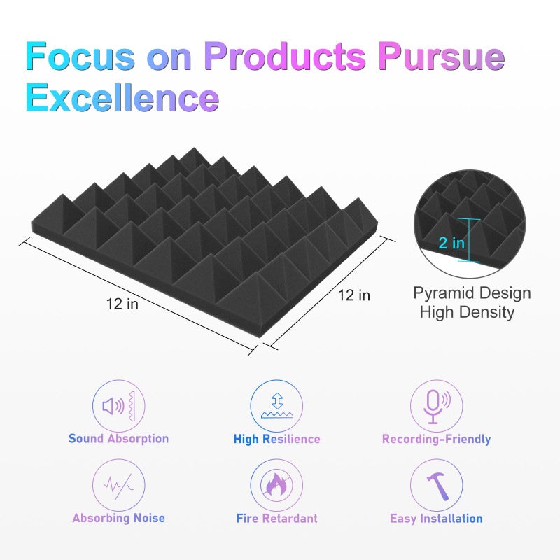 JBER Acoustic Sound Foam Panels, 6 Pack 2" X 12" X 12" Charcoal Soundproofing Treatment Studio Wall Padding Sound Absorbing Fireproof Pyramid Black Wall Panelâ€¦ - Image 2