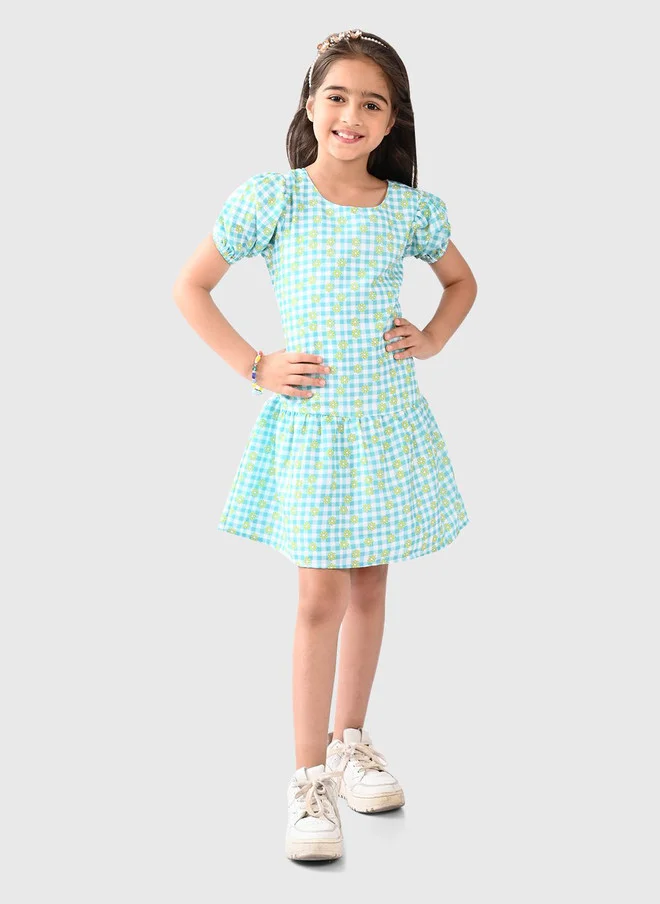 بونكيدز BONKIDS Girls Checked Puff Sleeve Cotton Drop-Waist Dress