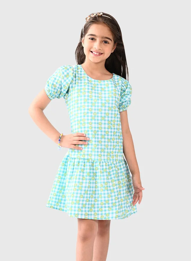 بونكيدز BONKIDS Girls Checked Puff Sleeve Cotton Drop-Waist Dress