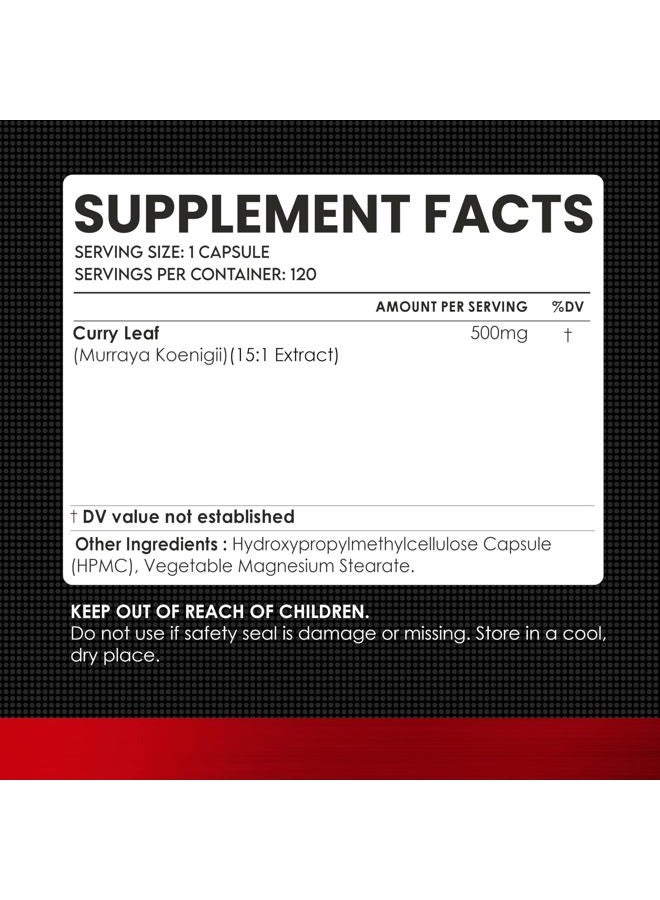 Amalth Curry Leaf Extract Strength 120 Veg Capsules (Murraya koenigii) Supports Healthy Hair 10:1 Extract (Packaging May Vary) - Image 3