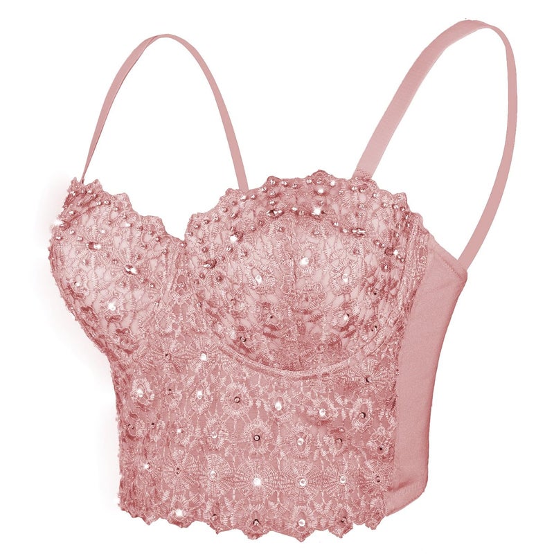 ELLACCI Women's Natural Reigning Lace Rhinestone Bustier Crop Top Sexy Mesh Corset Top Bra Large Pink - Image 1