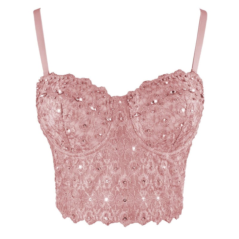 ELLACCI Women's Natural Reigning Lace Rhinestone Bustier Crop Top Sexy Mesh Corset Top Bra Large Pink - Image 3