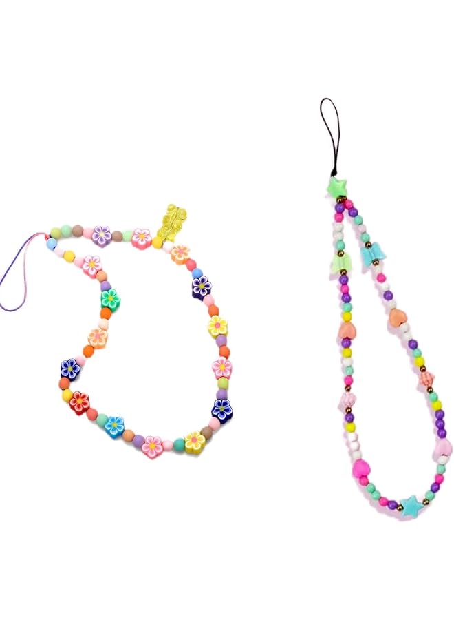 Green Tiger 2 PCS Beaded Phone Charms, Beaded Phone Lanyard Wrist Strap， Flowers Bracelets Polymer Clay Beads Keychain Charm for Women Girls (C D) - Image 1