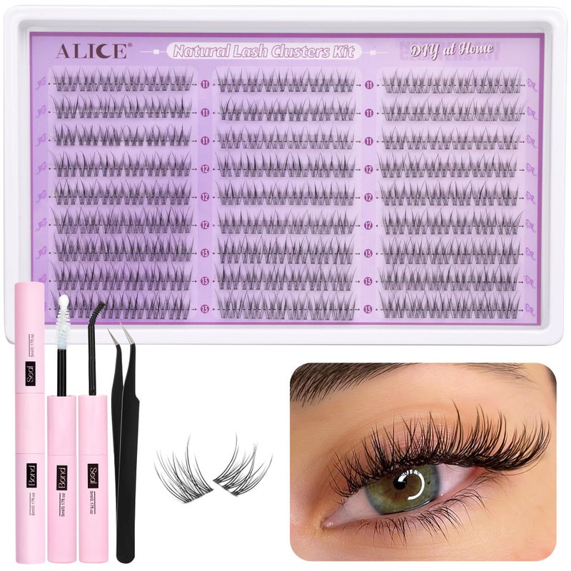 ALICE Natural Lash Clusters Kit Clear Band Wispy Lash Extension Kit Cluster Eyelash Extension Kit 162pcs C Curl 11-13mm Individual Lashes with Lash Glue Bond and Seal and Tweezers DIY at Home - Image 1