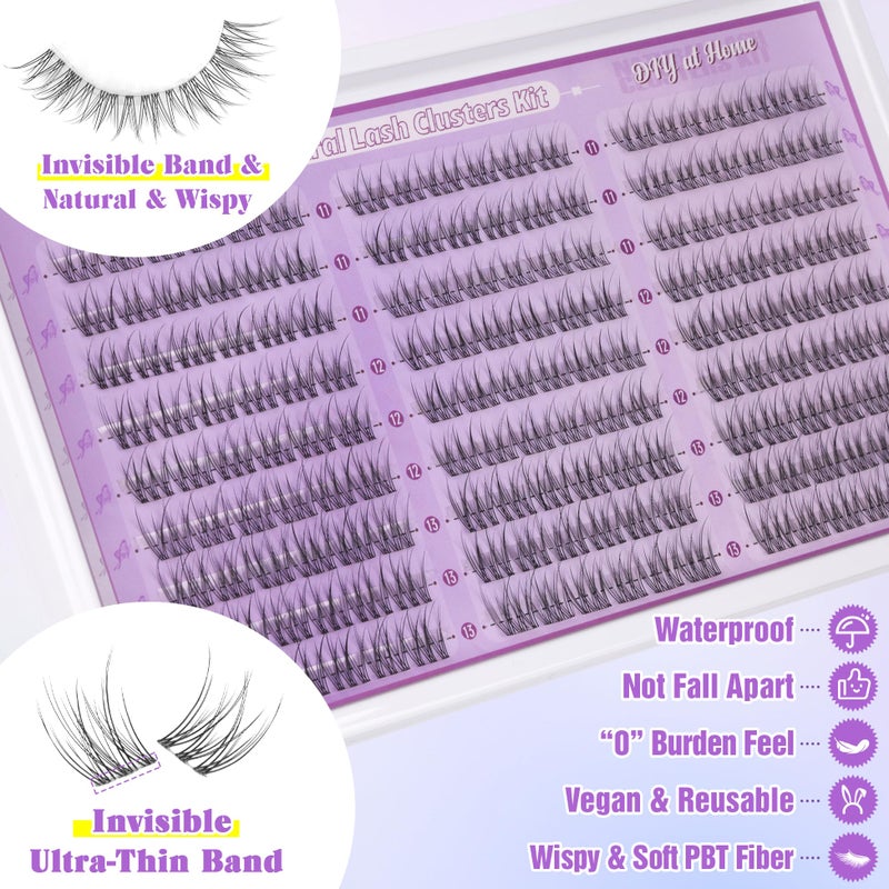 ALICE Natural Lash Clusters Kit Clear Band Wispy Lash Extension Kit Cluster Eyelash Extension Kit 162pcs C Curl 11-13mm Individual Lashes with Lash Glue Bond and Seal and Tweezers DIY at Home - Image 2