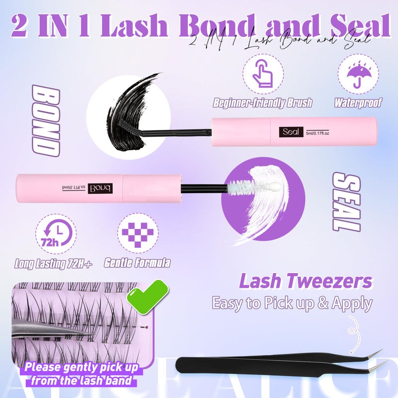 ALICE Natural Lash Clusters Kit Clear Band Wispy Lash Extension Kit Cluster Eyelash Extension Kit 162pcs C Curl 11-13mm Individual Lashes with Lash Glue Bond and Seal and Tweezers DIY at Home - Image 3