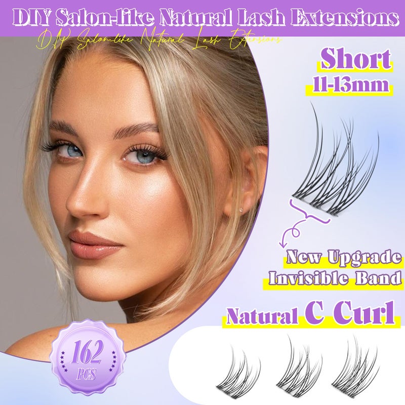 ALICE Natural Lash Clusters Kit Clear Band Wispy Lash Extension Kit Cluster Eyelash Extension Kit 162pcs C Curl 11-13mm Individual Lashes with Lash Glue Bond and Seal and Tweezers DIY at Home - Image 5