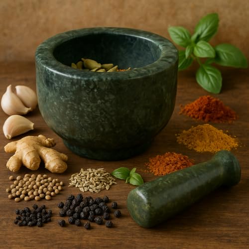 KunhaR Natural Green Marble Mortar and Pestle Set 4 x 2.5 Inches Full Polish – Imam Dasta Ohkli Musal Kharal Spice Grinder - Image 1