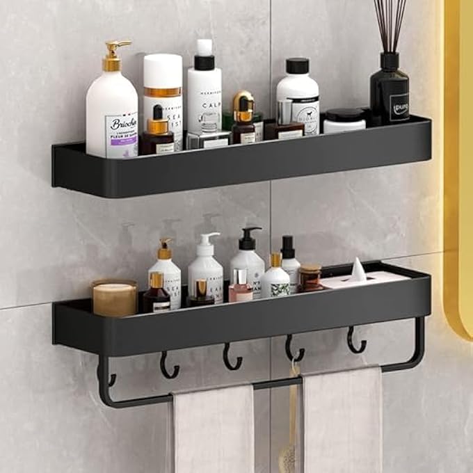 2 Pack Shower Caddy Bathroom Shower Shelf Shower Caddy Shelf Organizer with Towel Bar and Hooks Shower Organizer for Bathroom KitchenDual use of punching and non punching Size30cm - Image 1