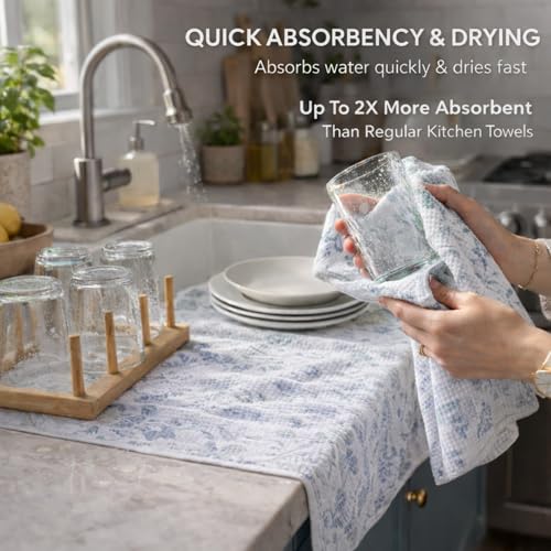 Nestinco Set of 2 Waffle Weave Kitchen Towels, 380 GSM Absorbent Quick-Dry Microfiber Dish Towels, Blue White Floral Tea Towels, 18 x 30 Inches, Kitchen Decor - Image 3