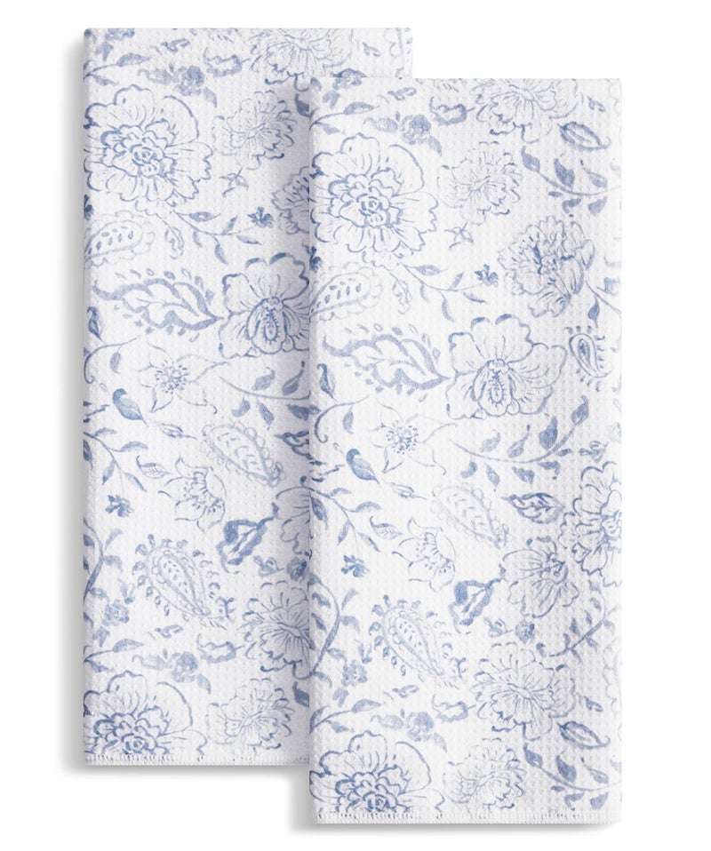 Nestinco Set of 2 Waffle Weave Kitchen Towels, 380 GSM Absorbent Quick-Dry Microfiber Dish Towels, Blue White Floral Tea Towels, 18 x 30 Inches, Kitchen Decor - Image 1