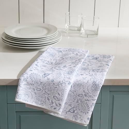 Nestinco Set of 2 Waffle Weave Kitchen Towels, 380 GSM Absorbent Quick-Dry Microfiber Dish Towels, Blue White Floral Tea Towels, 18 x 30 Inches, Kitchen Decor - Image 2