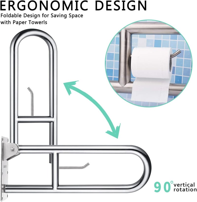 WochiTV 23.6 INCH Stainless Toilet Safety Rails, Handicap Grab Bars for Elderly, Disabled Flip-Up Bathroom Grab Bar with Paper Holder,Toilet Handrails Hand Grips Handle Shower Assist Aid - Image 4
