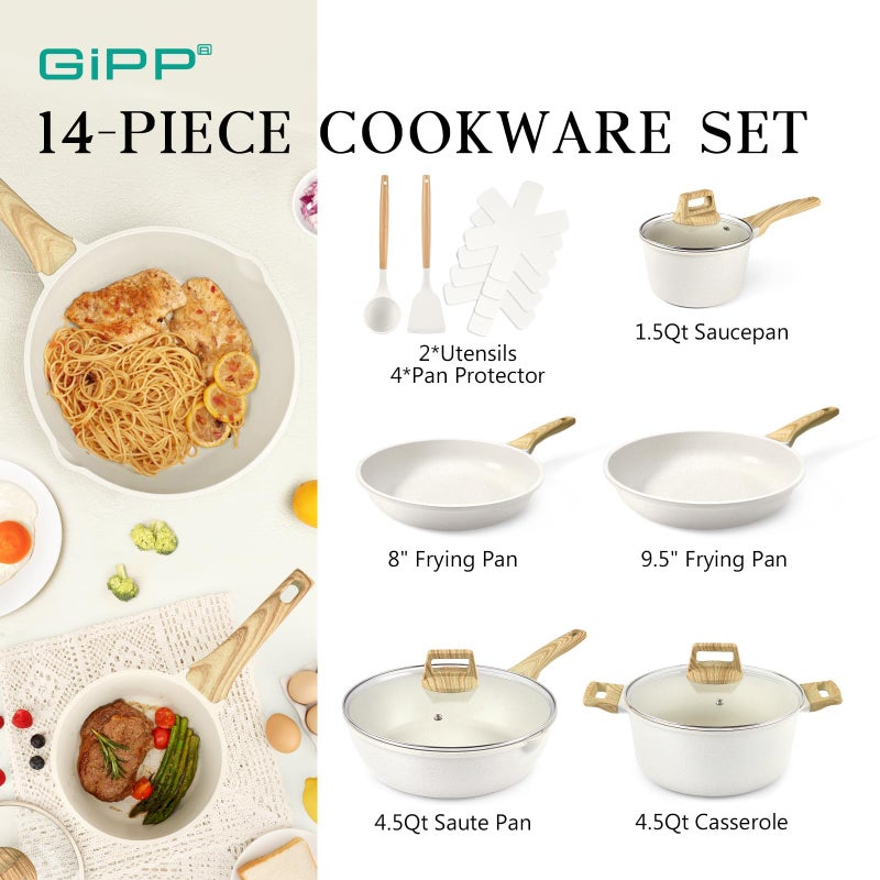 GiPP Pots and Pans Set Non Stick - 14 Pcs White Granite Kitchen Cookware Sets Nonstick Induction Cookware Cooking Pan Set with Frying Pans, Saucepans and Silicone Utensils, PFOS & PFOA Free - Image 2