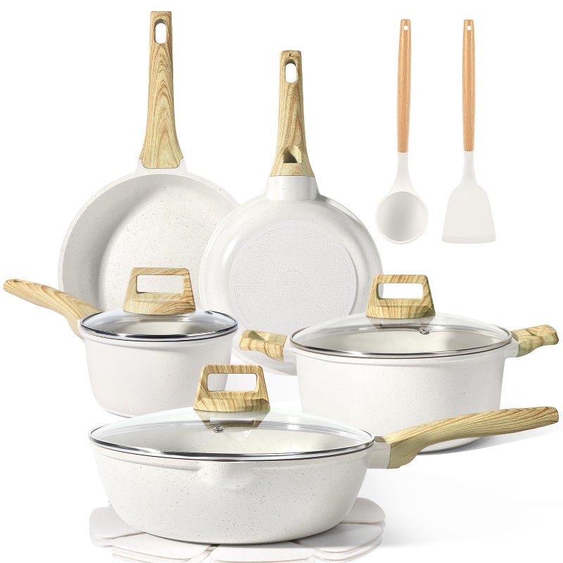GiPP Pots and Pans Set Non Stick - 14 Pcs White Granite Kitchen Cookware Sets Nonstick Induction Cookware Cooking Pan Set with Frying Pans, Saucepans and Silicone Utensils, PFOS & PFOA Free - Image 1