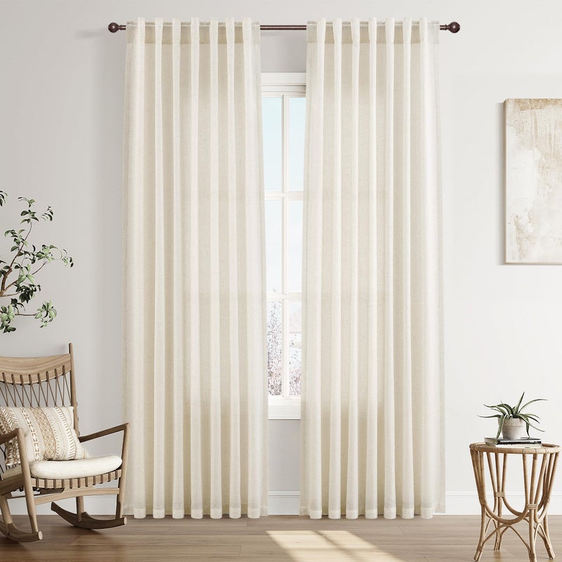 Joywell Cream Natural Back Tab Rod Pocket Linen Curtains 84 Inches Long 2 Panels for Living Room Bedroom Neutral Boho Farmhouse Rustic Light Filtering Semi Sheer Curtains Window Treatment 52x84 - Image 1