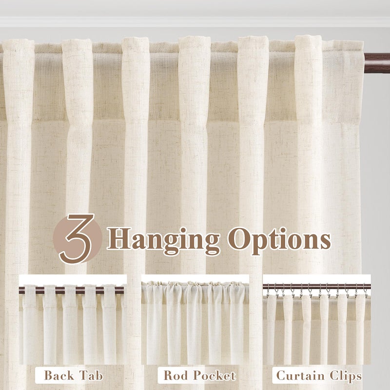 Joywell Cream Natural Back Tab Rod Pocket Linen Curtains 84 Inches Long 2 Panels for Living Room Bedroom Neutral Boho Farmhouse Rustic Light Filtering Semi Sheer Curtains Window Treatment 52x84 - Image 3