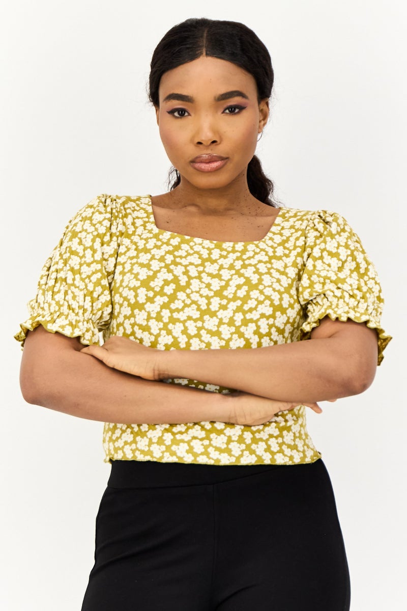 ONLY Women Square Neck Short Sleeve Floral Print Blouse, Multicolor  - Image 1