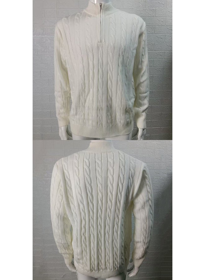 White Autumn Winter Slim-fit Zipper Semi-high Neck Long Sleeve Pullover Twist Knit Plus Size