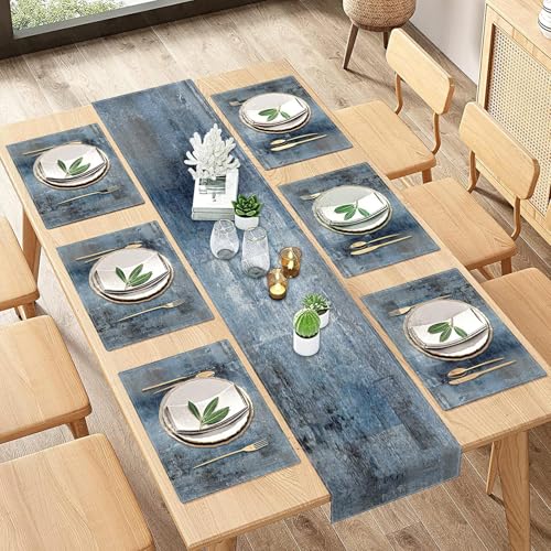 ArtSocket Farmhouse Table Runner and Placemats Set of 6 Abstract Blue Grey Gray Vintage Painting Art Dining Decor for Daily Use1 Table Runner 72 inches Long and 6 Placemats