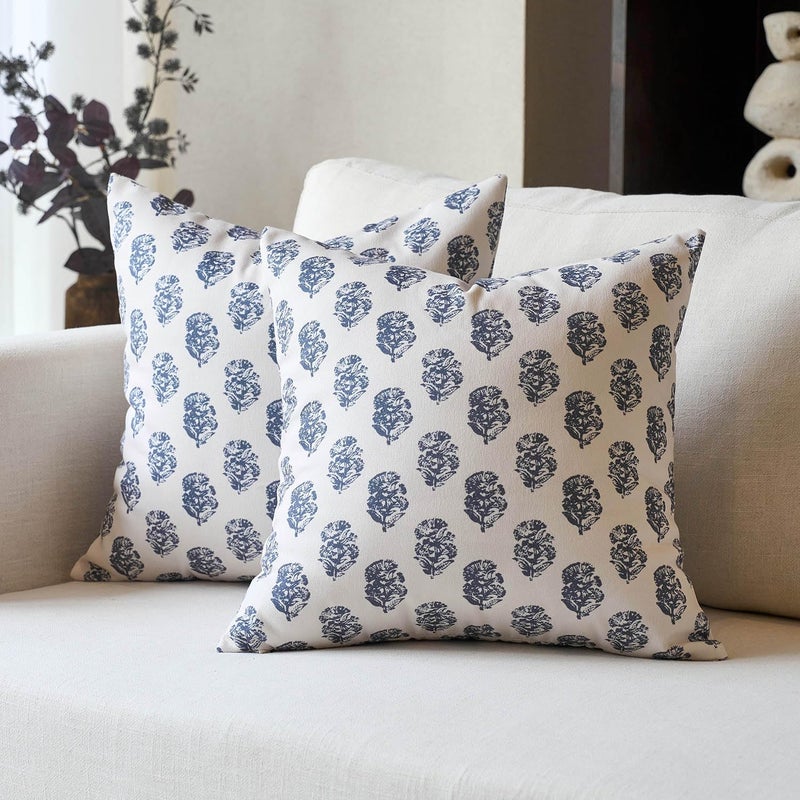 DOMVITUS Set of 2 Floral Pillow Covers 18x18, Block Print Pillow Covers Vintage Neutral Decorative Farmhouse Throw Pillow Covers for Couch Bed Living Room Dusty Blue - Image 1