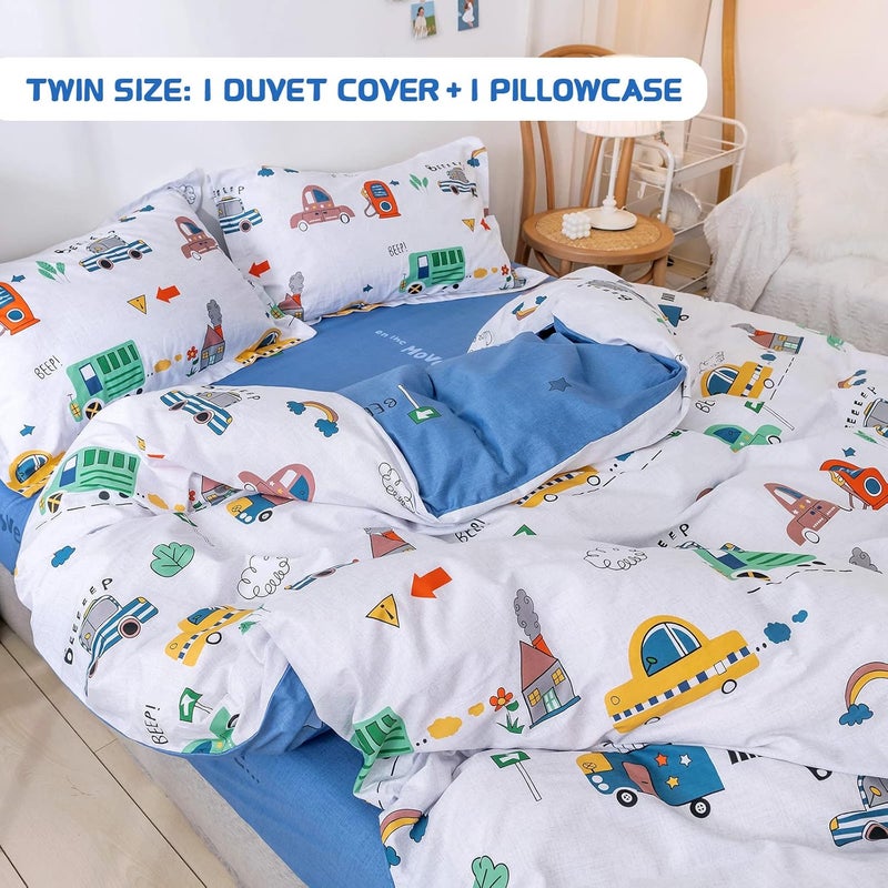DJY Kids Car Duvet Cover Set Twin, 100% Cotton Cars Bus Print Bedding Set for Boys Girls, 2 Pieces Soft Breathable Reversible Comforter Cover Set (1 Duvet Cover+1 Pillowcase) - Image 5
