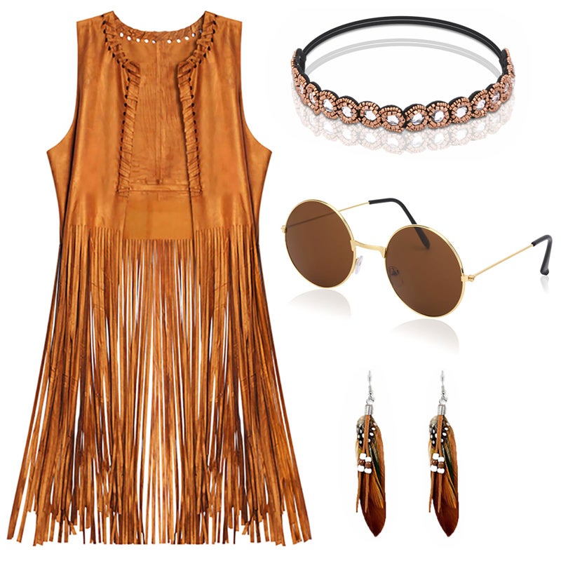 EVISWIY Hippie Costumes Clothes for Women 60s 70s Outfits Women Hippie Vest with Fringe Sleeveless Cardigan Faux Seude Tassels Vest Set (Small) Beige
