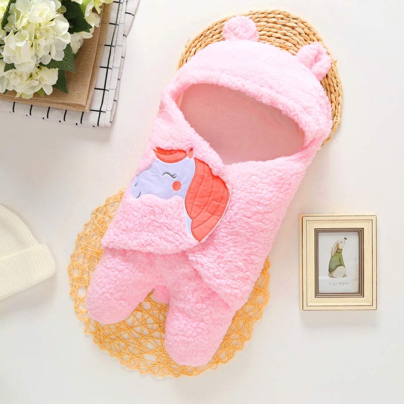 BRANDONN Fleece New Born Hooded Supersoft Baby Blanket Wrapper Cum Sleeping Bag For Babies (Pink, 0-6 Months) Lightweight - Image 1