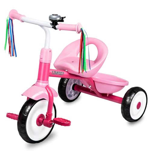 Liberry Toddler Tricycle Age 2 3 4 Years Old Kids Trike with Bell Back Basket and Removable Pedal 3 Wheel Bike Birthday Toys Gift for Girls Boys Pink - Image 1