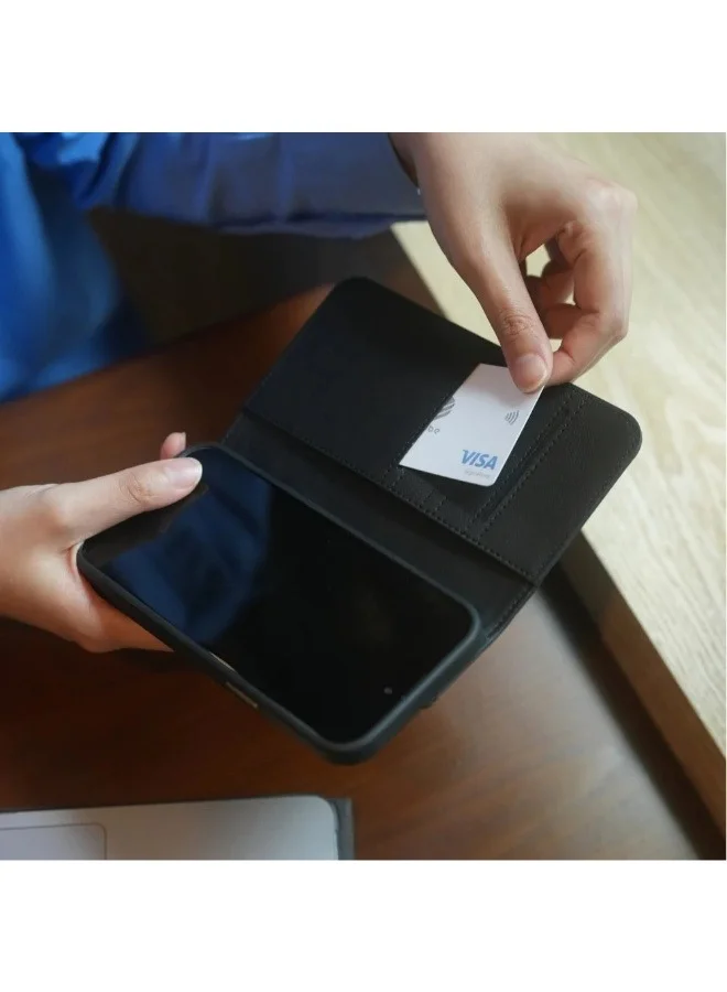موشي حافظة جلدية لهاتف آيفون  برو  من أوفرتشر - غطاء  في  مع محفظة وحامل، متوافقة مع ماج سيف، حماية ضد السقوط،  فتحات للبطاقات، إطار معدني للعدسة، تدعم الشحن اللاسلكي - أسود