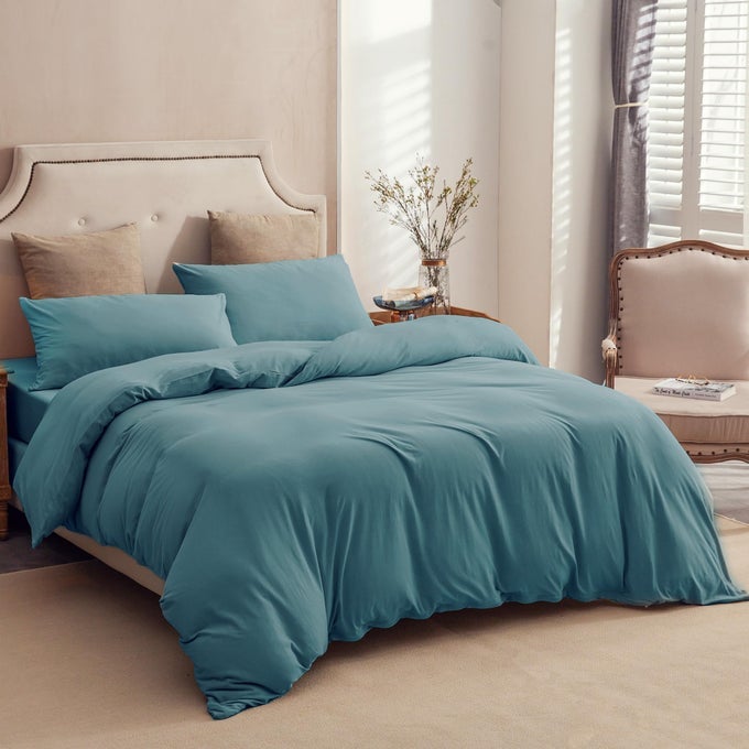 JERSEY KNIT DUVET COVER SET 100 TSHIRT COTTON SUPER SOFT COMFY 3PC BEDDING SET WITH ZIPPER CLOSURE SOLID TEAL GREEN CAL KING