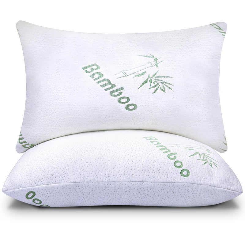 Memory Foam Pillows Queen Size Set of 2  Cooling Bed Pillows for Sleeping  Back Stomach Side Sleeper Soft Comfy Cool Shredded  2 Pack Rayon Derived from Bamboo